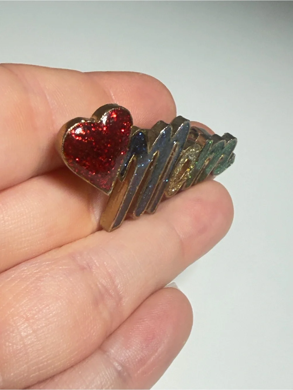 Mom Brooch Glitter Enamel Heart Multicolor Pin 2 inches